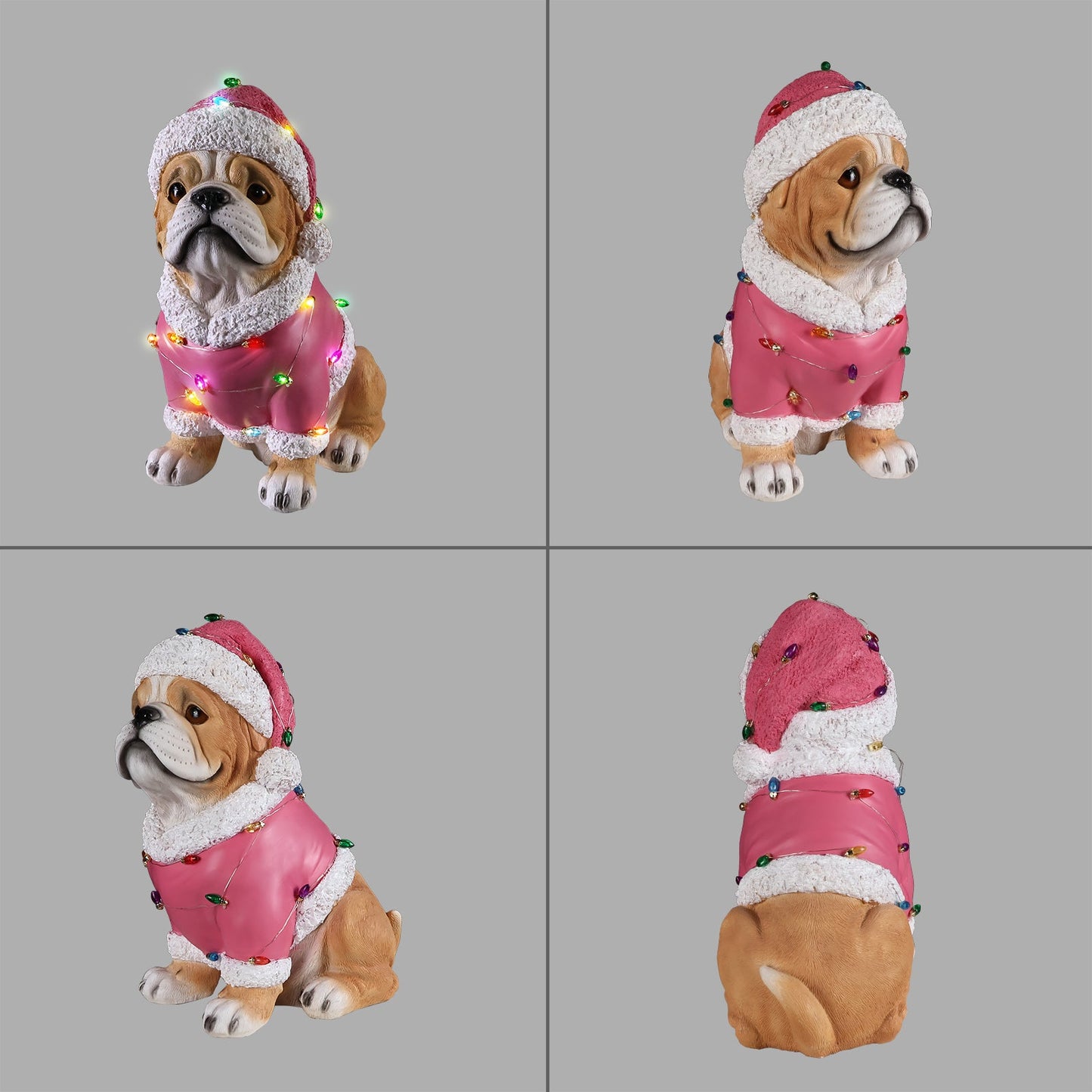 Christmas Pug Statue, pink coat with white faux fur trim and lights by HouseOfZazla on Tampa Home & Garden Store