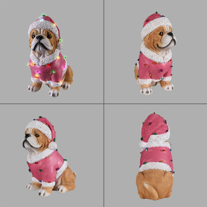 Christmas Pug Statue, pink coat with white faux fur trim and lights by HouseOfZazla on Tampa Home & Garden Store