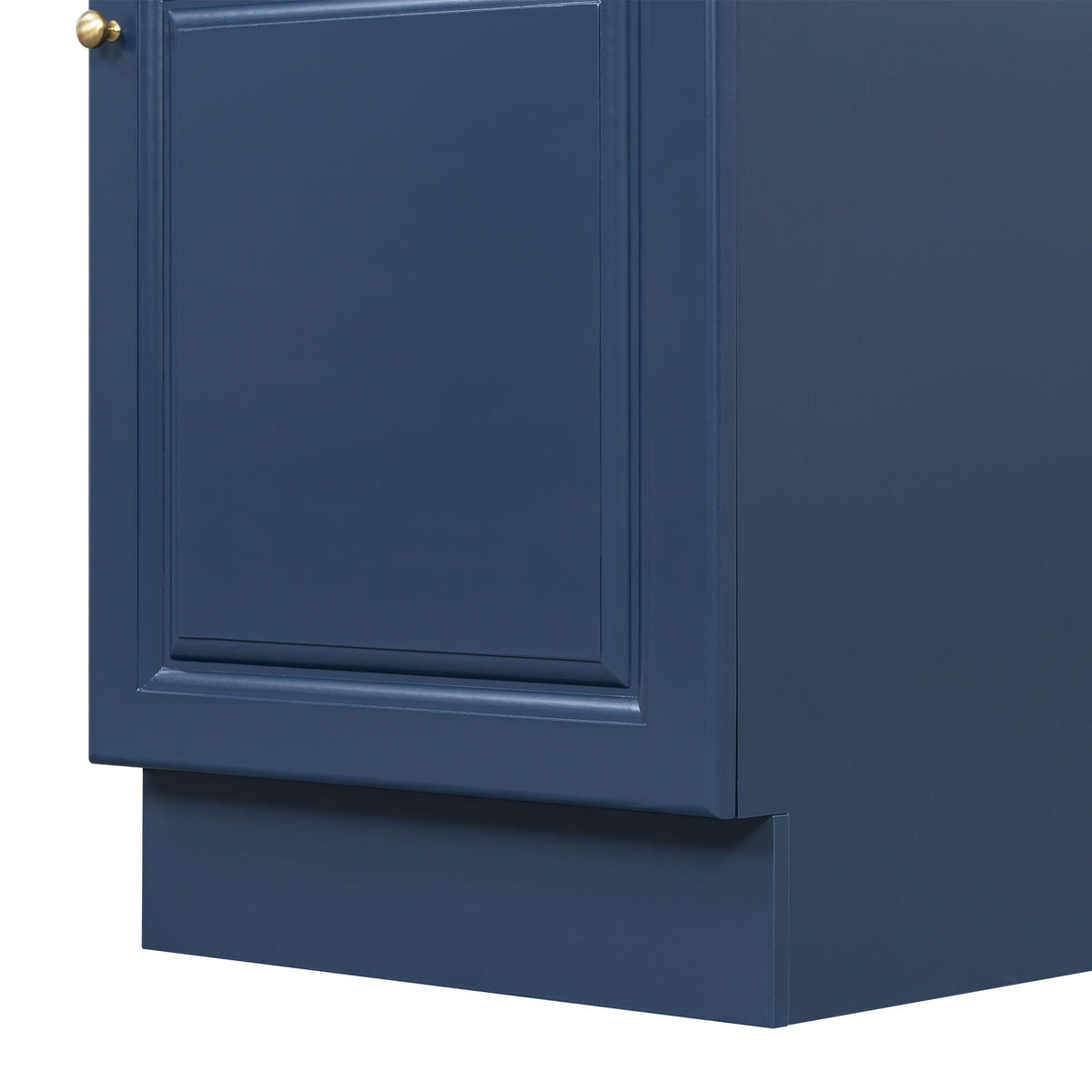 Bathroom vanity cabinet in deep blue with framed panel doors and brass knob detail on Tampa Home & Garden Store