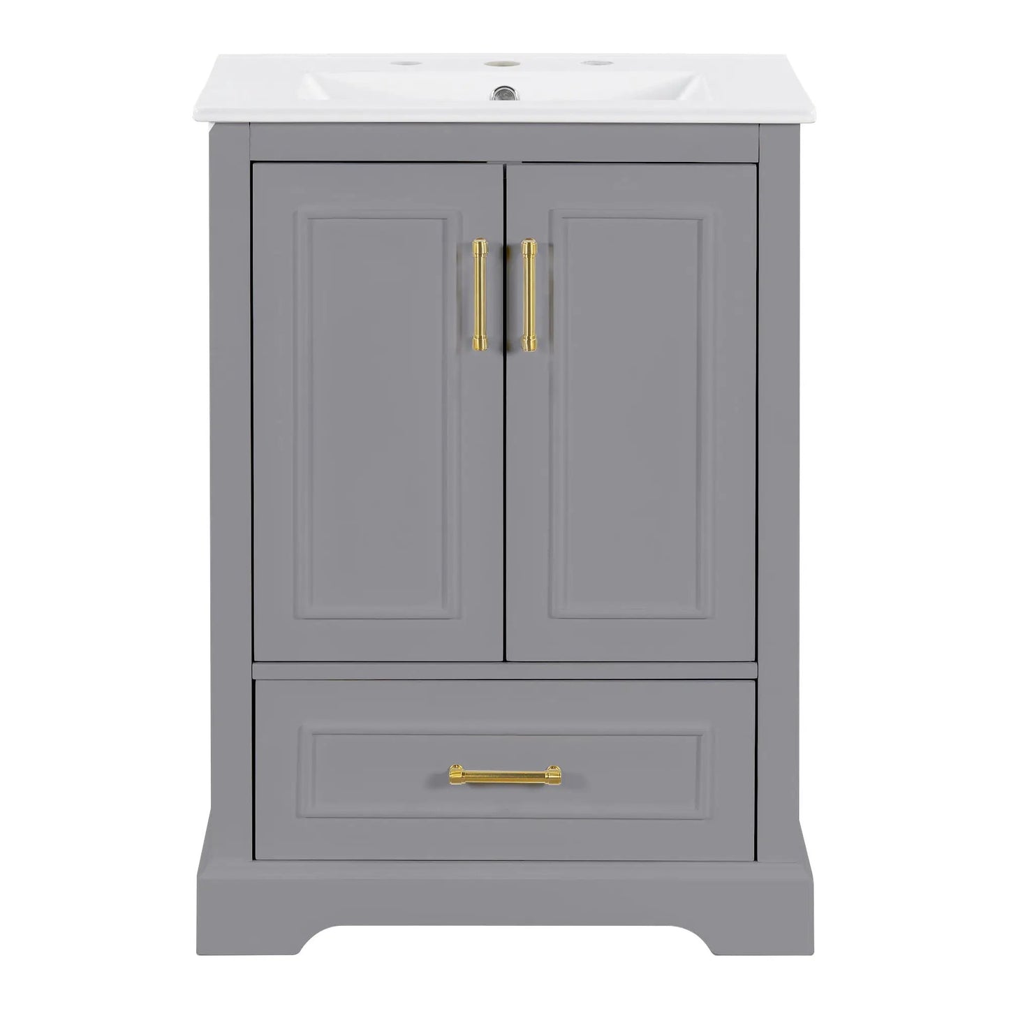 Bathroom vanity with sink gray cabinet, white countertop, two-door setup with gold hardware on Tampa Home & Garden Store