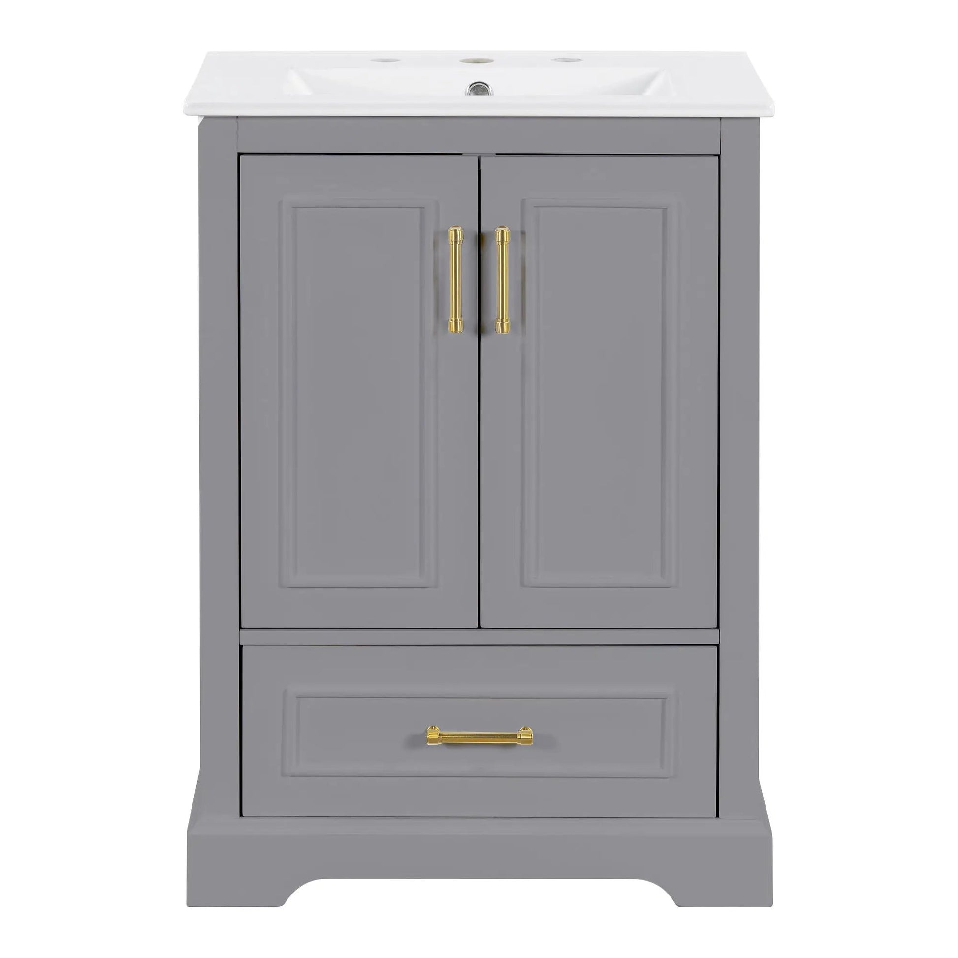 Bathroom vanity with sink gray cabinet, white countertop, two-door setup with gold hardware on Tampa Home & Garden Store