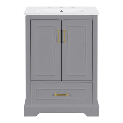 Bathroom vanity with sink gray cabinet, white countertop, two-door setup with gold hardware on Tampa Home & Garden Store