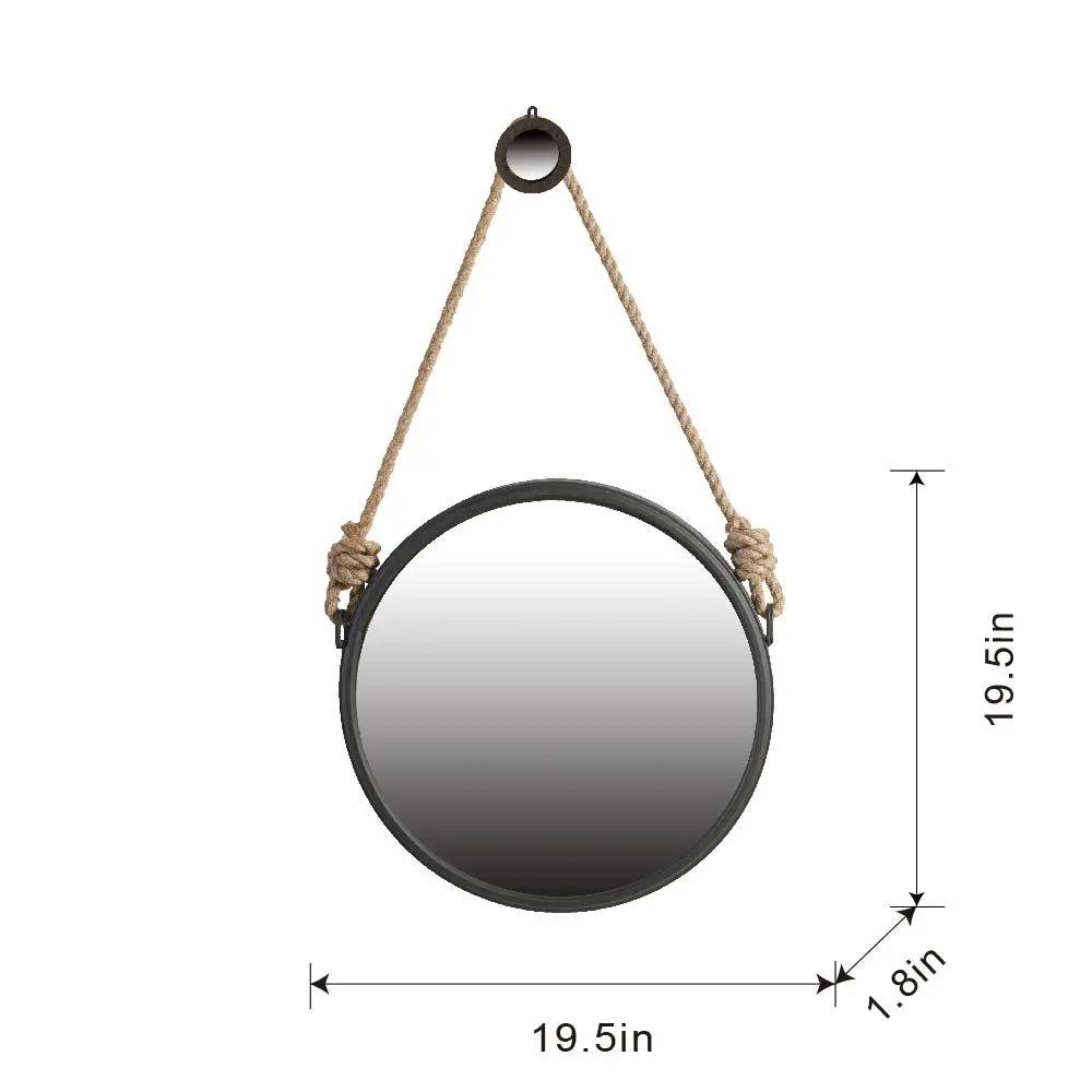 Round wall mirror with black metal frame and natural rope hanger, 19.5in by Unique Piece on Tampa Home & Garden Store