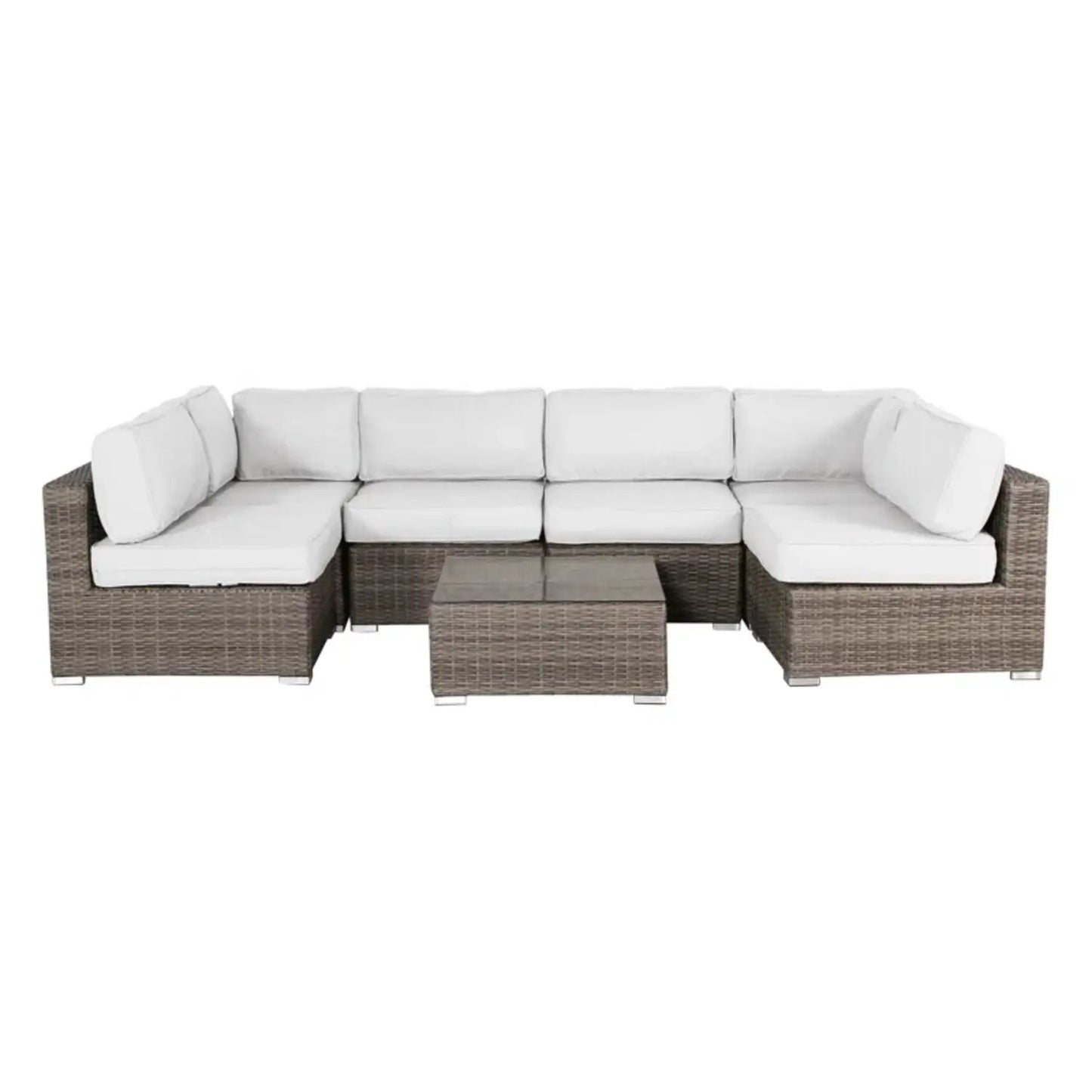 Seating set with cushions 4-piece outdoor wicker sectional with white cushions and glass-top coffee table on Tampa Home & Garden Store