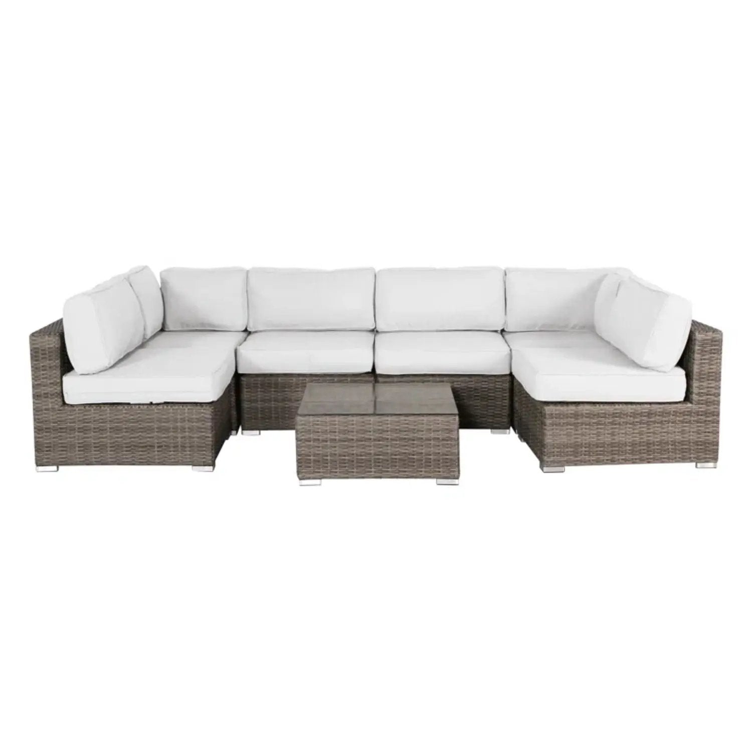 Seating set with cushions 4-piece outdoor wicker sectional with white cushions and glass-top coffee table on Tampa Home & Garden Store