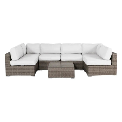 Seating set with cushions 4-piece outdoor wicker sectional with white cushions and glass-top coffee table on Tampa Home & Garden Store