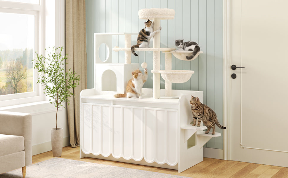 50.6-inch Cat Tree with Litter Box Enclosure, white with beige sisal posts, by HouseOfZazla on Tampa Home & Garden Store