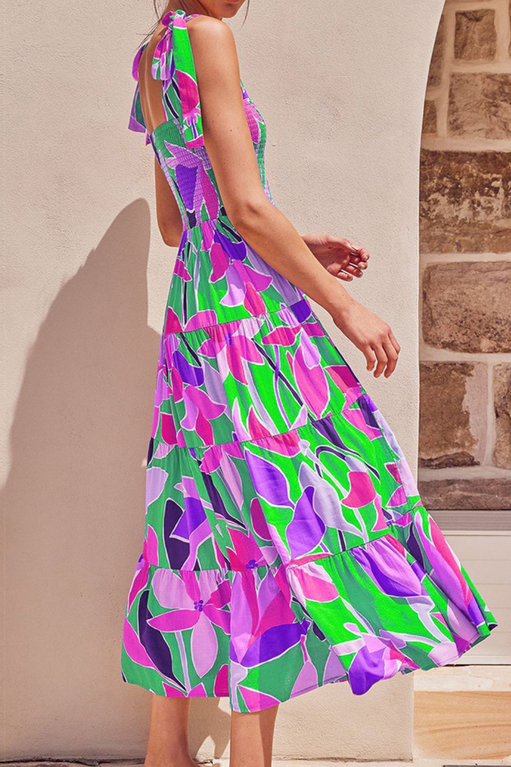 Stevvex long floral tie-shoulder smocked midi dress in pink purple green pattern on Tampa Home & Garden Store