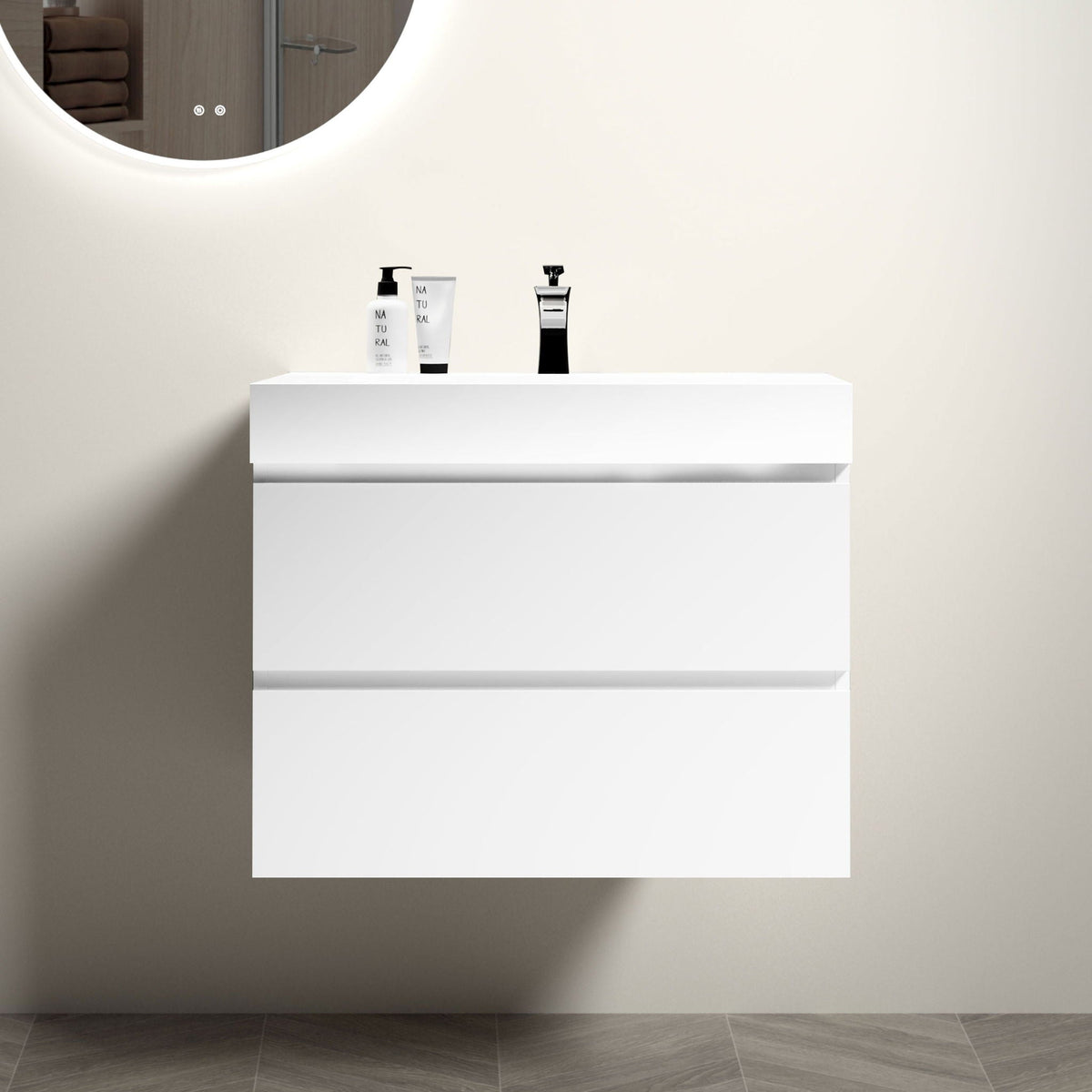 Modern floating bathroom vanity with large storage, white, wall-mounted, backlit mirror on Tampa Home & Garden Store
