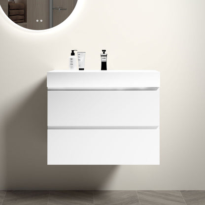 Modern floating bathroom vanity with large storage, white, wall-mounted, backlit mirror on Tampa Home & Garden Store