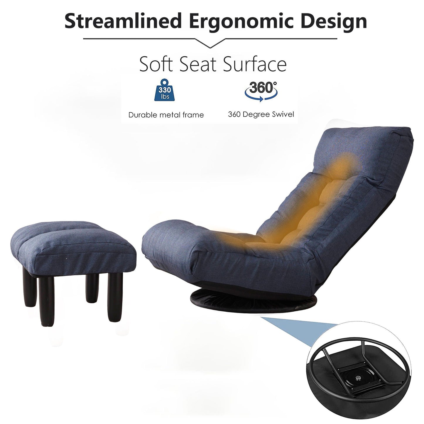 Reclining chair & ottoman set in blue fabric with durable metal frame for living room on Tampa Home & Garden Store