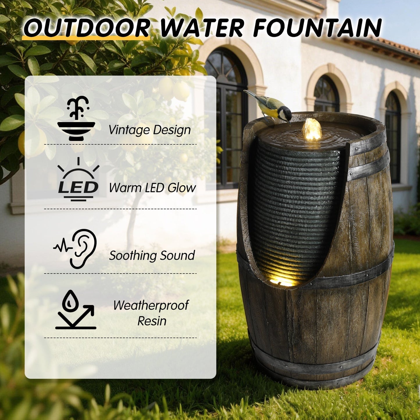 Wooden barrel-style outdoor water fountain with warm LED lights by HouseOfZazla on Tampa Home & Garden Store