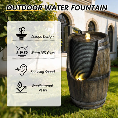 Wooden barrel-style outdoor water fountain with warm LED lights by HouseOfZazla on Tampa Home & Garden Store