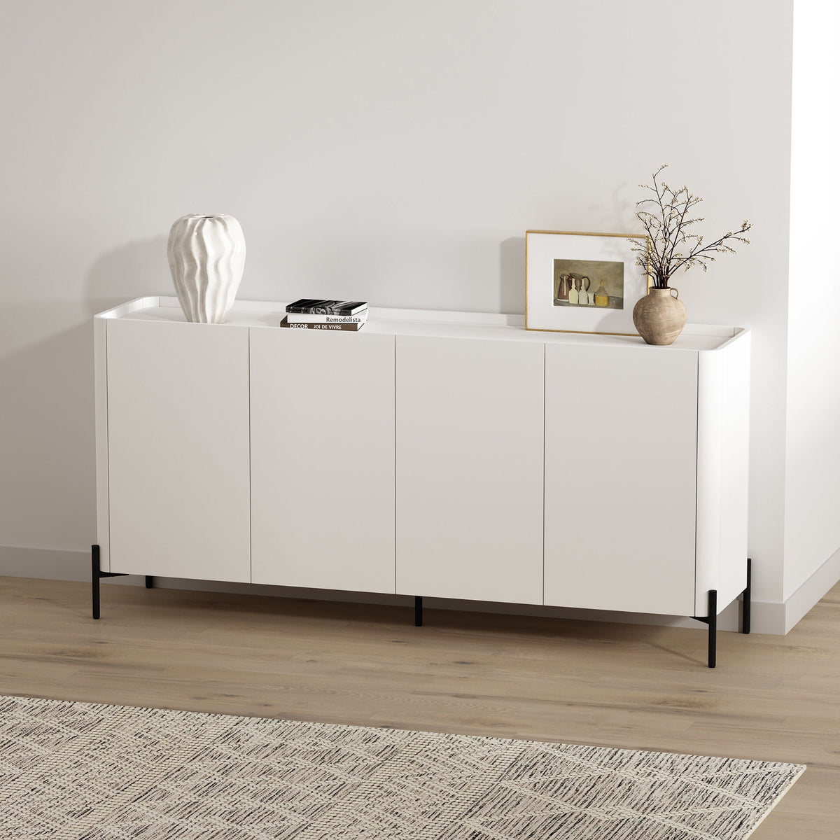 Abbey Sideboard with Adjustable Shelves white finish HouseOfZazla with vase and art on Tampa Home & Garden Store