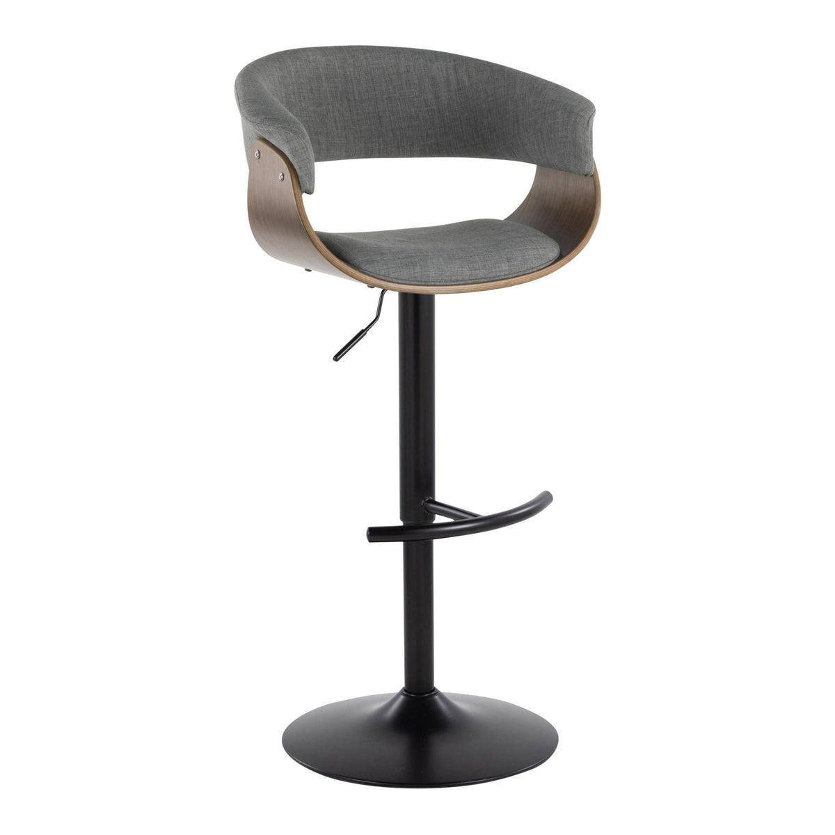 Mid-century adjustable-height barstool with swivel in gray fabric, wood curved sides on Tampa Home & Garden Store
