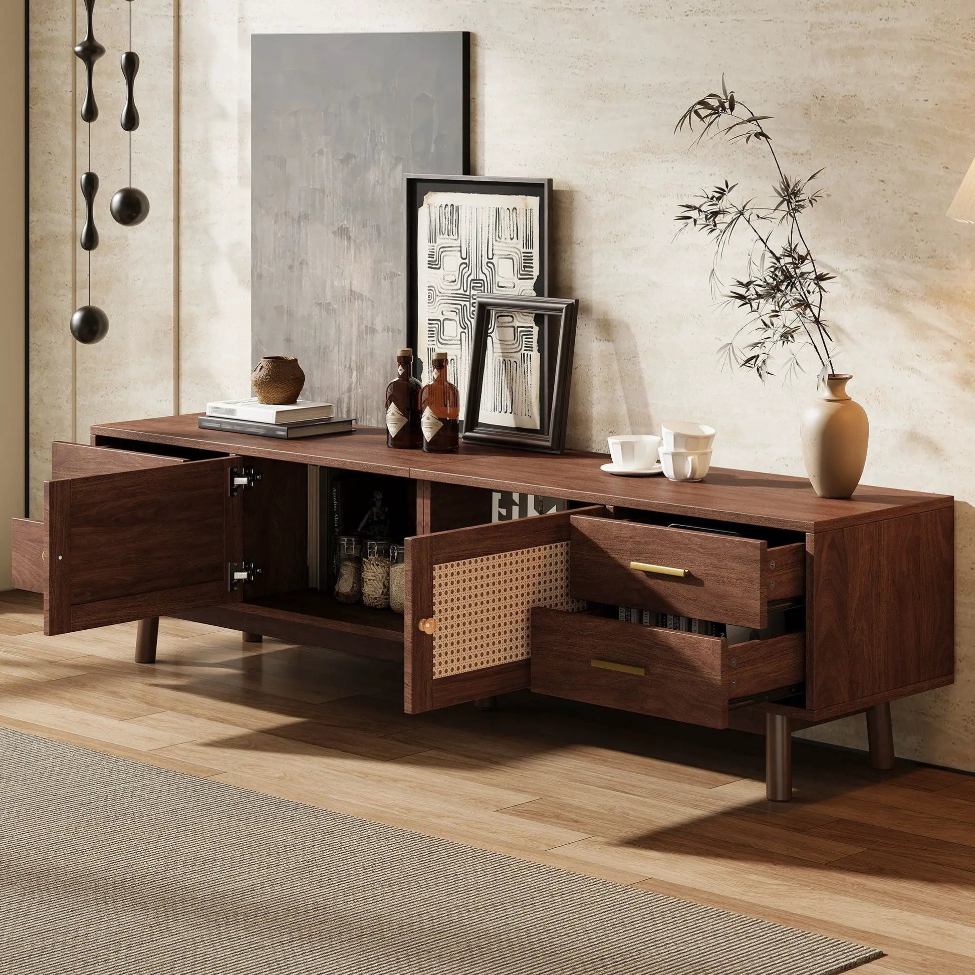 70in dark brown TV stand with 4 drawers, doors, and cane-front panels Unique Piece Furniture on Tampa Home & Garden Store
