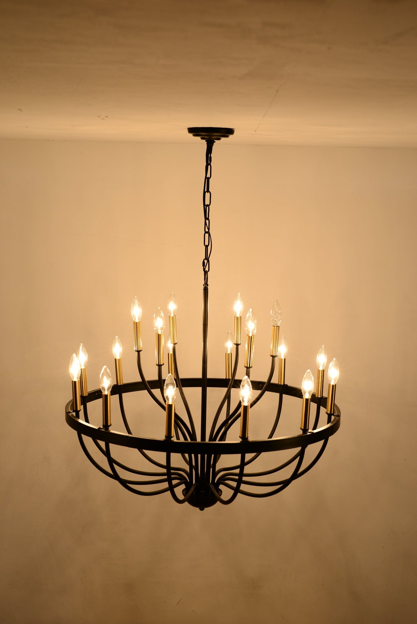 15-Light Industrial Iron Candle Chandelier in black with circular frame and chain on Tampa Home & Garden Store