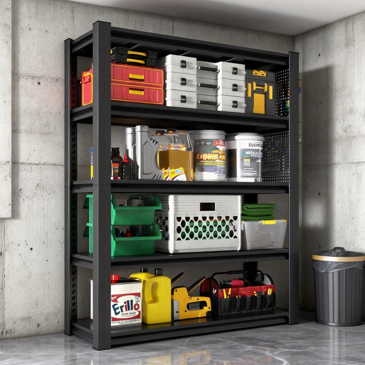 Industrial 5-Tier Adjustable Shelving Unit Pegboard, dark metal wall organizer loaded tools on Tampa Home & Garden Store