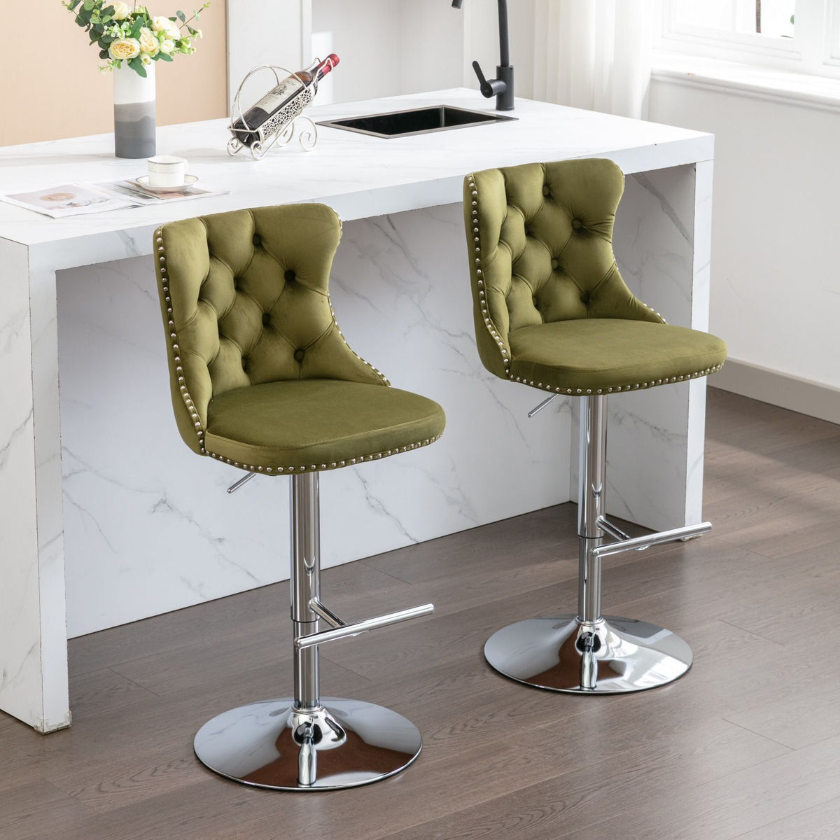 Swivel adjustable height barstools set of 2 olive-green tufted upholstery with chrome bases on Tampa Home & Garden Store