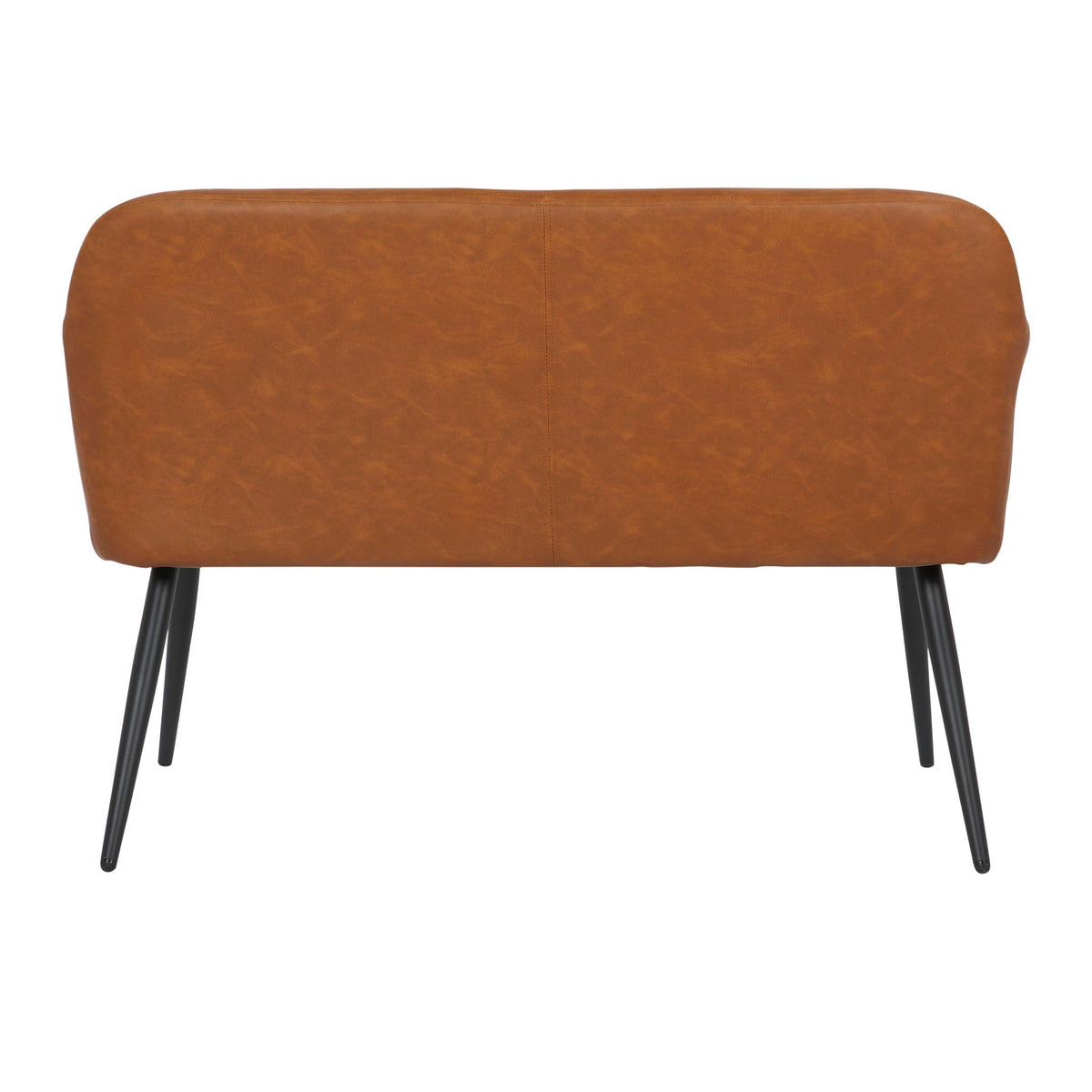 Industrial high back upholstered bench in camel faux leather with black metal legs on Tampa Home & Garden Store