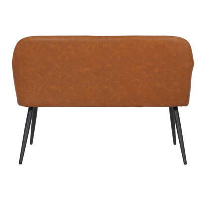 Industrial high back upholstered bench in camel faux leather with black metal legs on Tampa Home & Garden Store