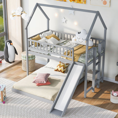 HouseOfZazla bunk bed with slide and built-in ladder, grey frame on Tampa Home & Garden Store
