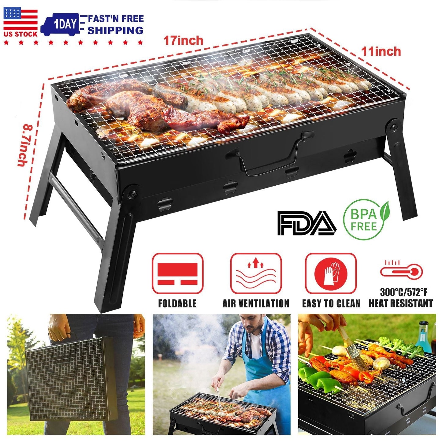 GemGear portable foldable charcoal grill black steel with 17x11in surface for camping on Tampa Home & Garden Store