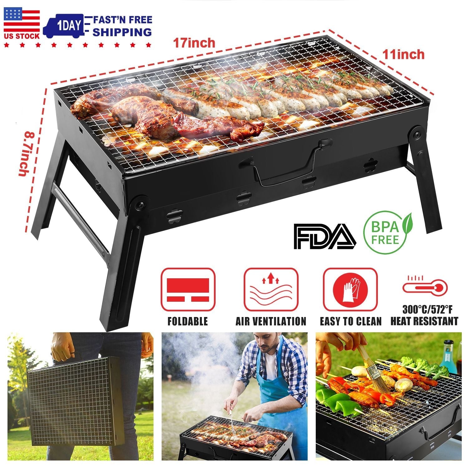 GemGear portable foldable charcoal grill with steel legs and wire grate, 17in cooking area on Tampa Home & Garden Store