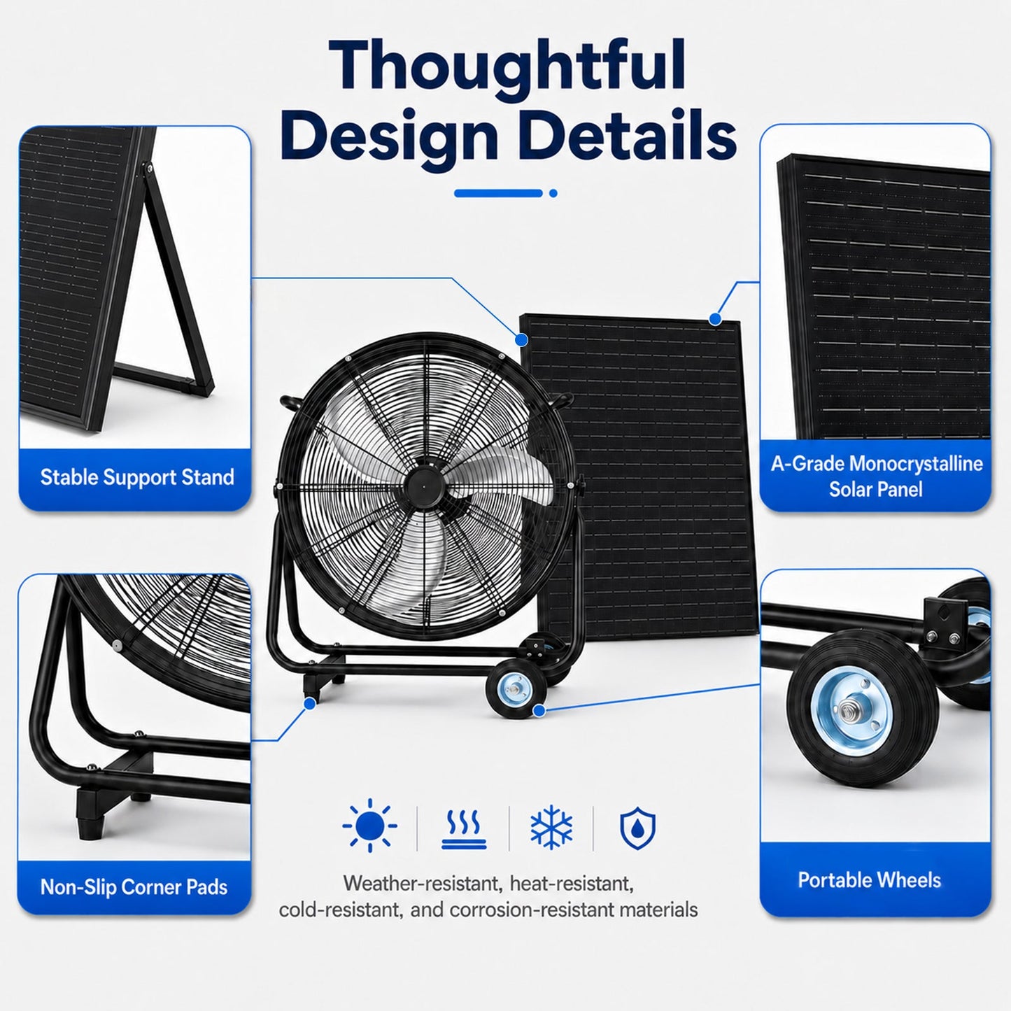 24-Inch solar floor-standing fan by HouseOfZazla with adjustable solar panel on Tampa Home & Garden Store