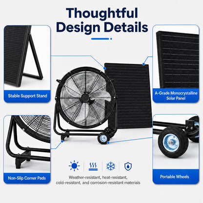 24-Inch solar floor-standing fan by HouseOfZazla with adjustable solar panel on Tampa Home & Garden Store