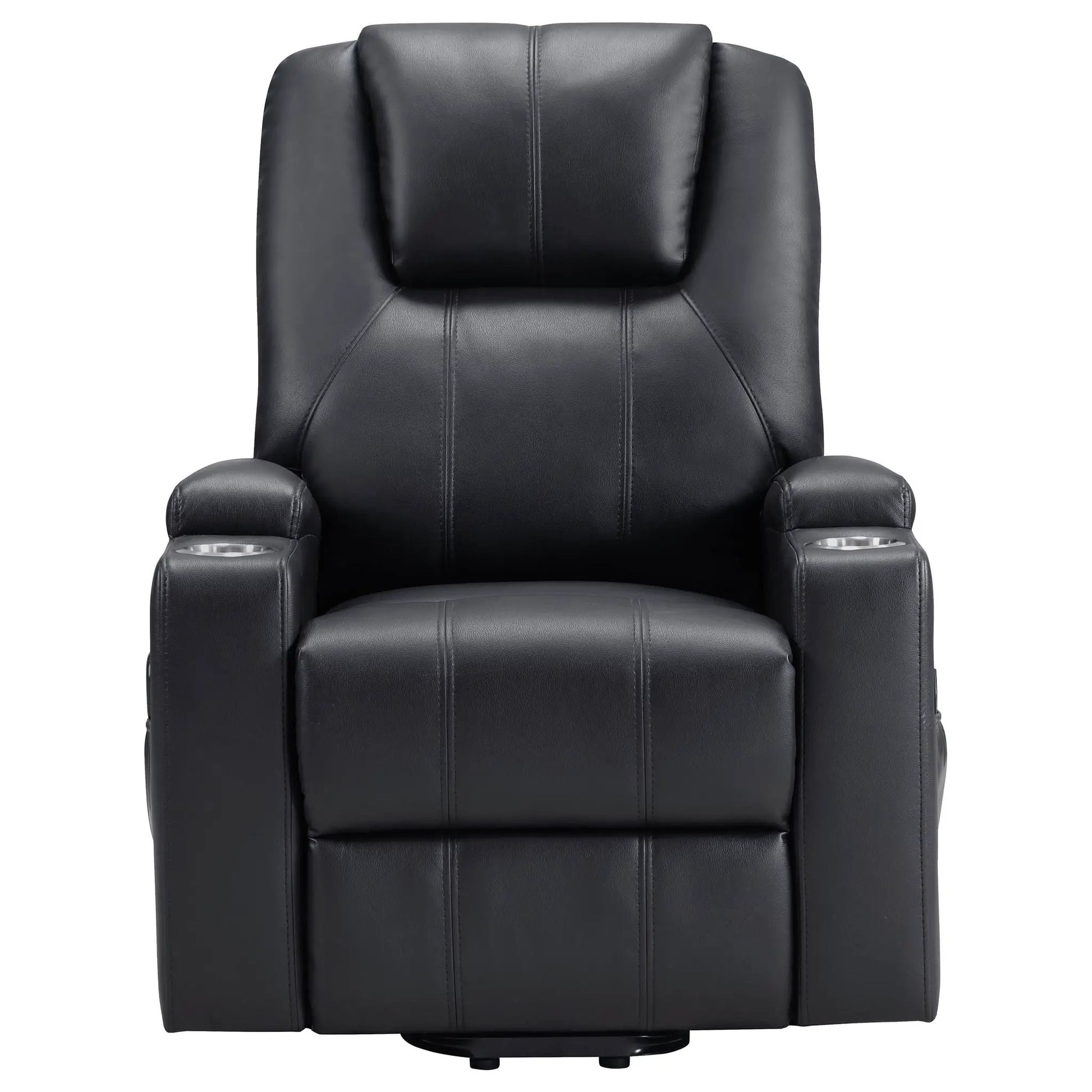 Macklin power lift massage recliner in black leather with headrest and dual cupholders on Tampa Home & Garden Store