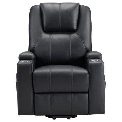 Macklin power lift massage recliner in black leather with headrest and dual cupholders on Tampa Home & Garden Store