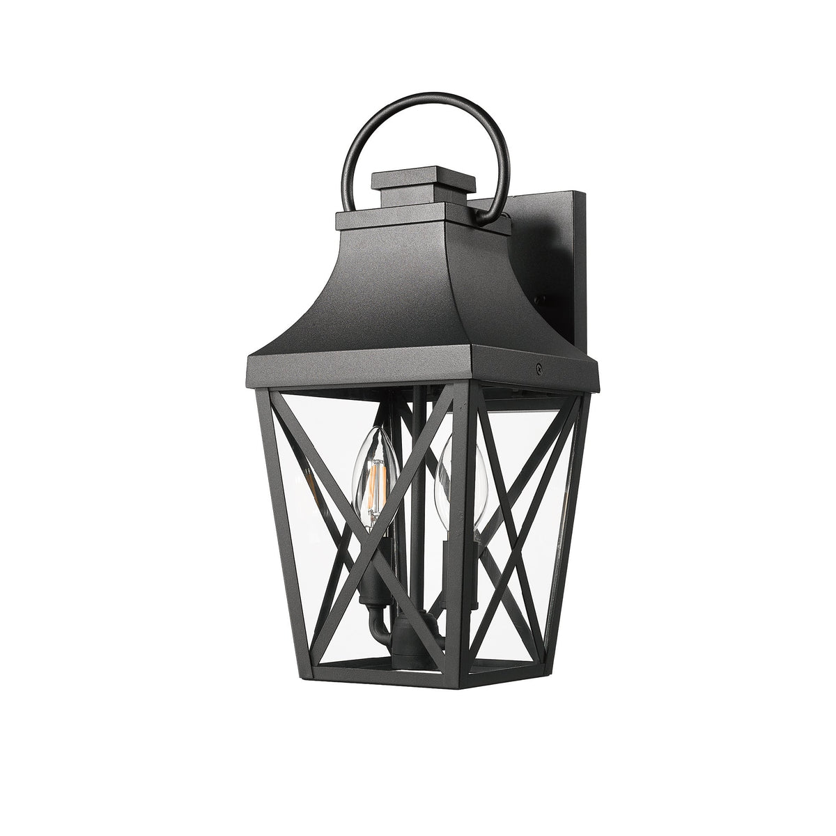 Outdoor waterproof wall light by GigaTech, black metal lantern with glass panels and circular top ring on Tampa Home & Garden Store