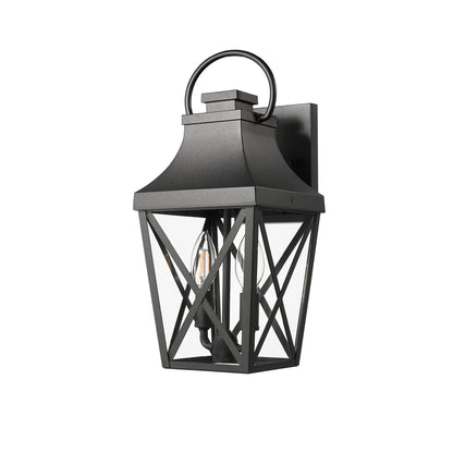 Outdoor waterproof wall light by GigaTech, black metal lantern with glass panels and circular top ring on Tampa Home & Garden Store