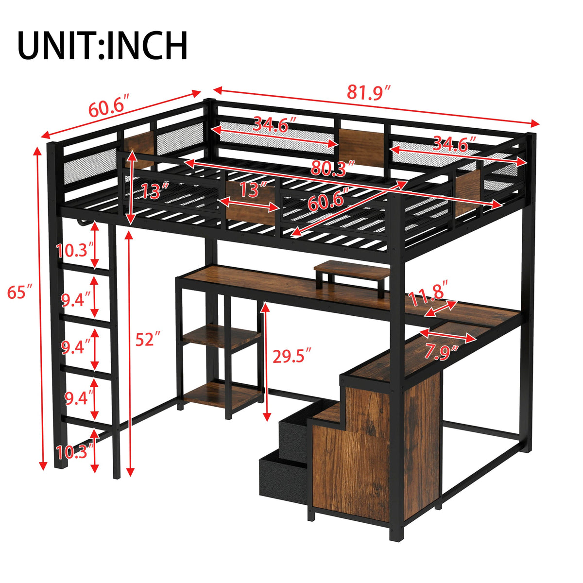 Queen Loft Bed with Desk and Storage in black metal with woodgrain panels by HouseOfZazla on Tampa Home & Garden Store