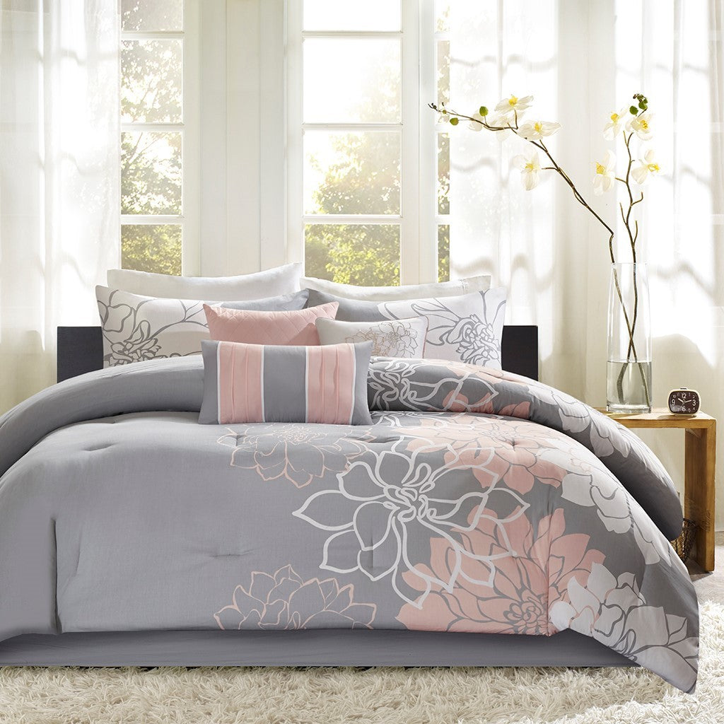 Madison Park Floral Cotton Sateen Comforter Ensemble gray pink floral pattern on bed on Tampa Home & Garden Store