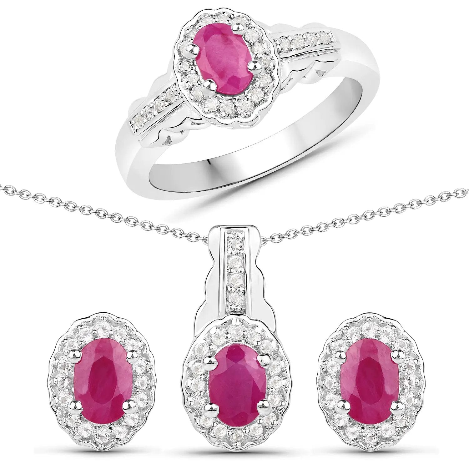 Sterling silver 3-piece set with 2.46ct ruby and white topaz, ring, earrings, pendant on Tampa Home & Garden Store