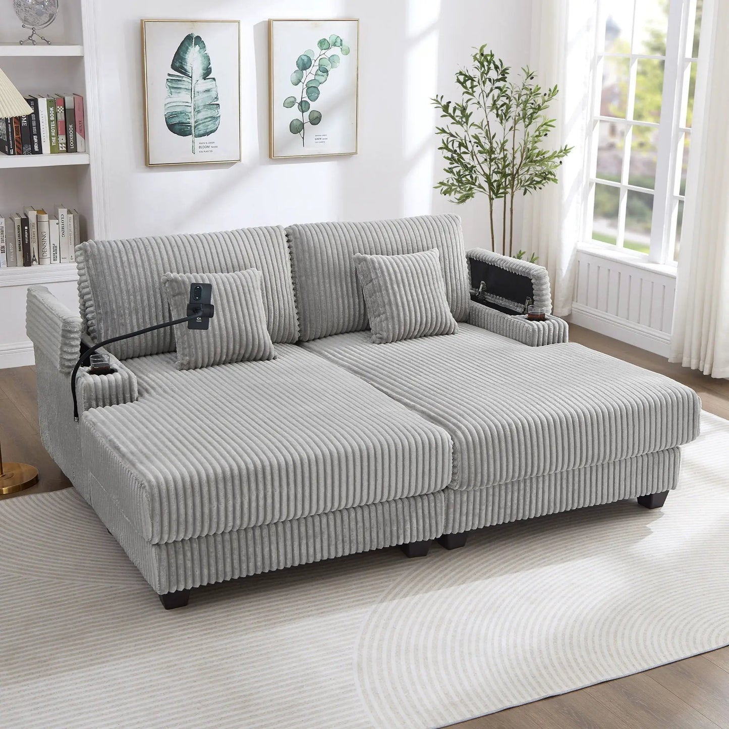 Modern gray ribbed fabric chaise sofa pair, two-seat modular living room seating on Tampa Home & Garden Store