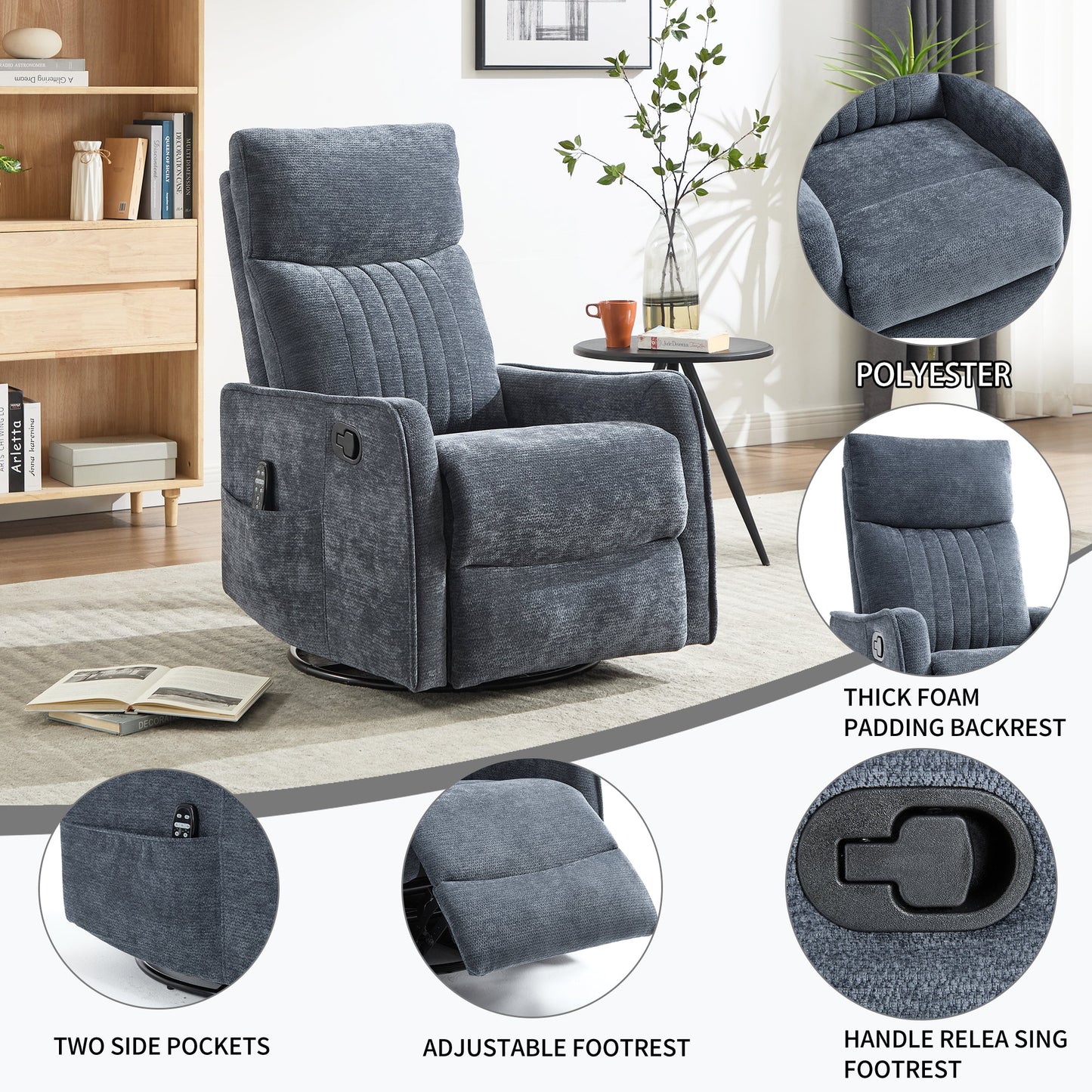Blue heat massage manual recliner chair by HouseOfZazla in blue fabric with remote pocket on Tampa Home & Garden Store