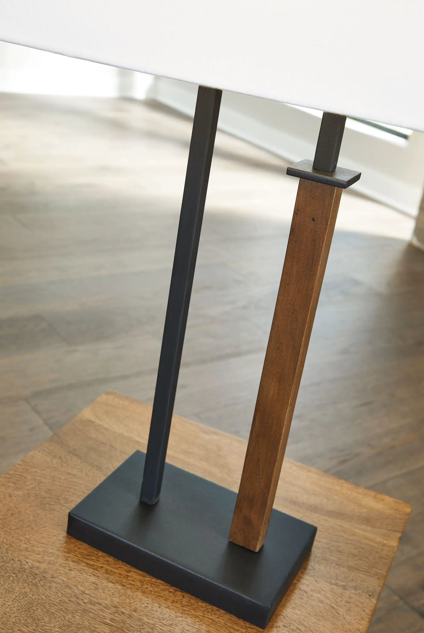 Voslen metal table lamp set of 2 with black metal and brown wood legs on square base on Tampa Home & Garden Store