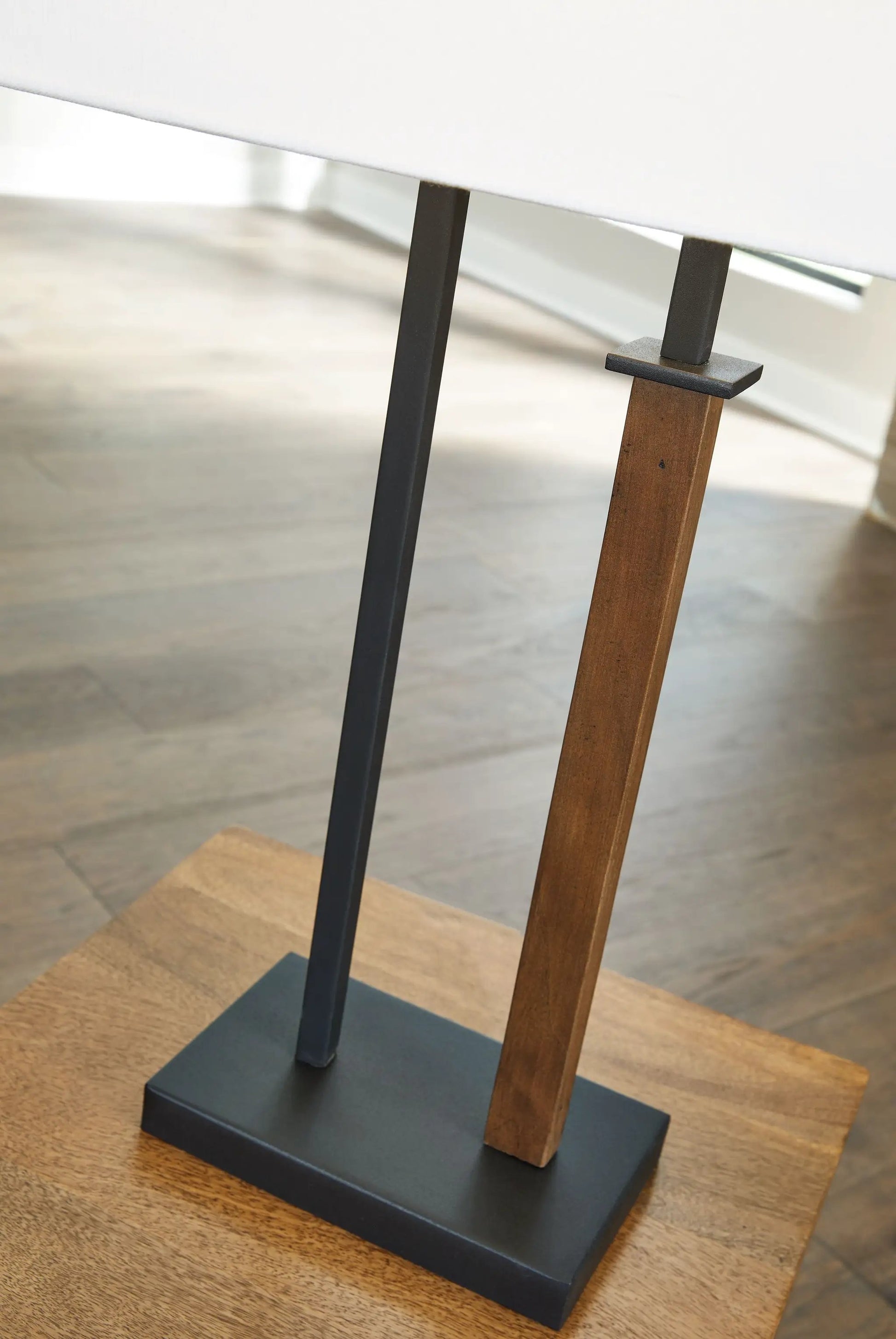Voslen metal table lamp set of 2 with black metal and brown wood legs on square base on Tampa Home & Garden Store