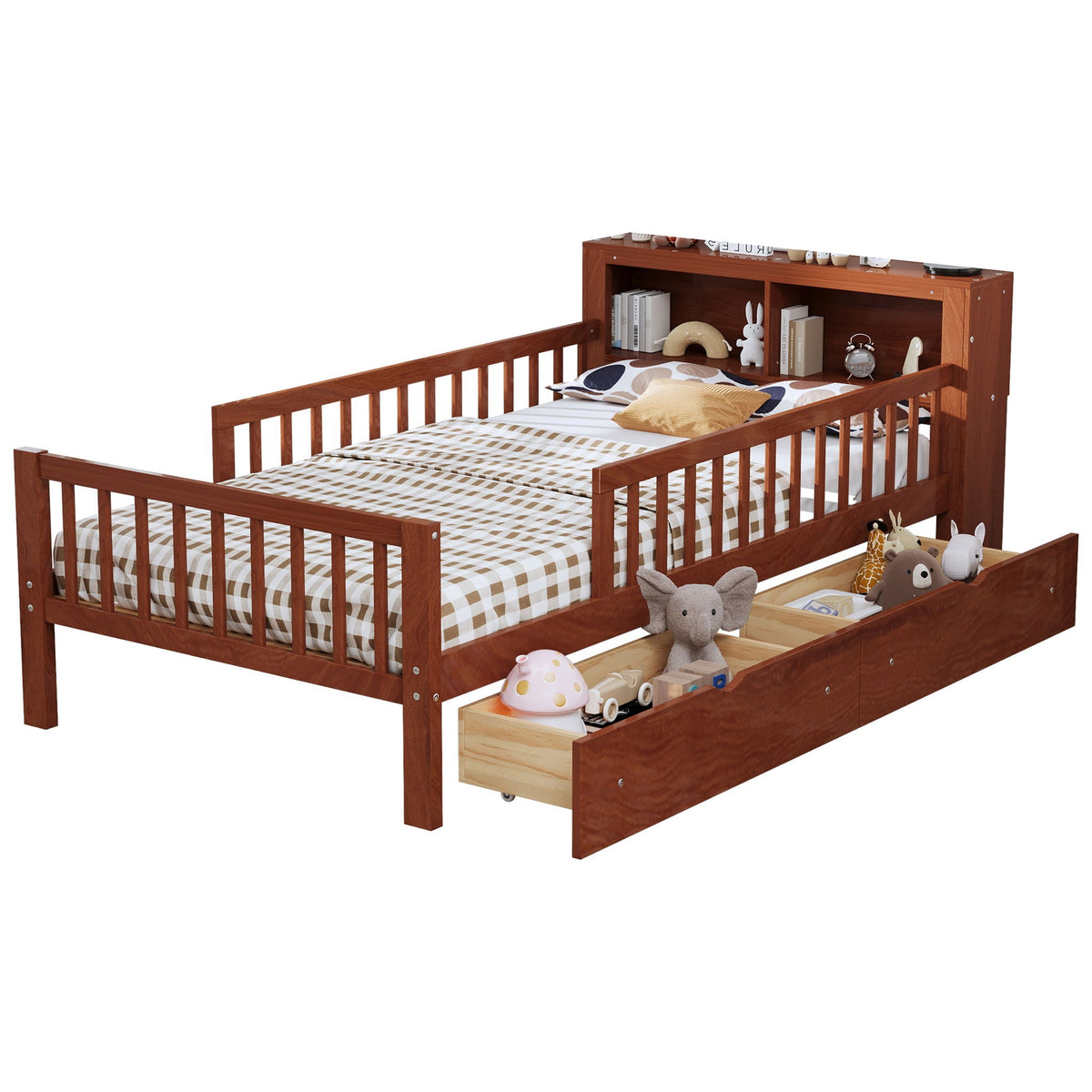 HouseOfZazla storage bed with headboard rack, 2 under-bed drawers, and 3 guardrails in brown on Tampa Home & Garden Store