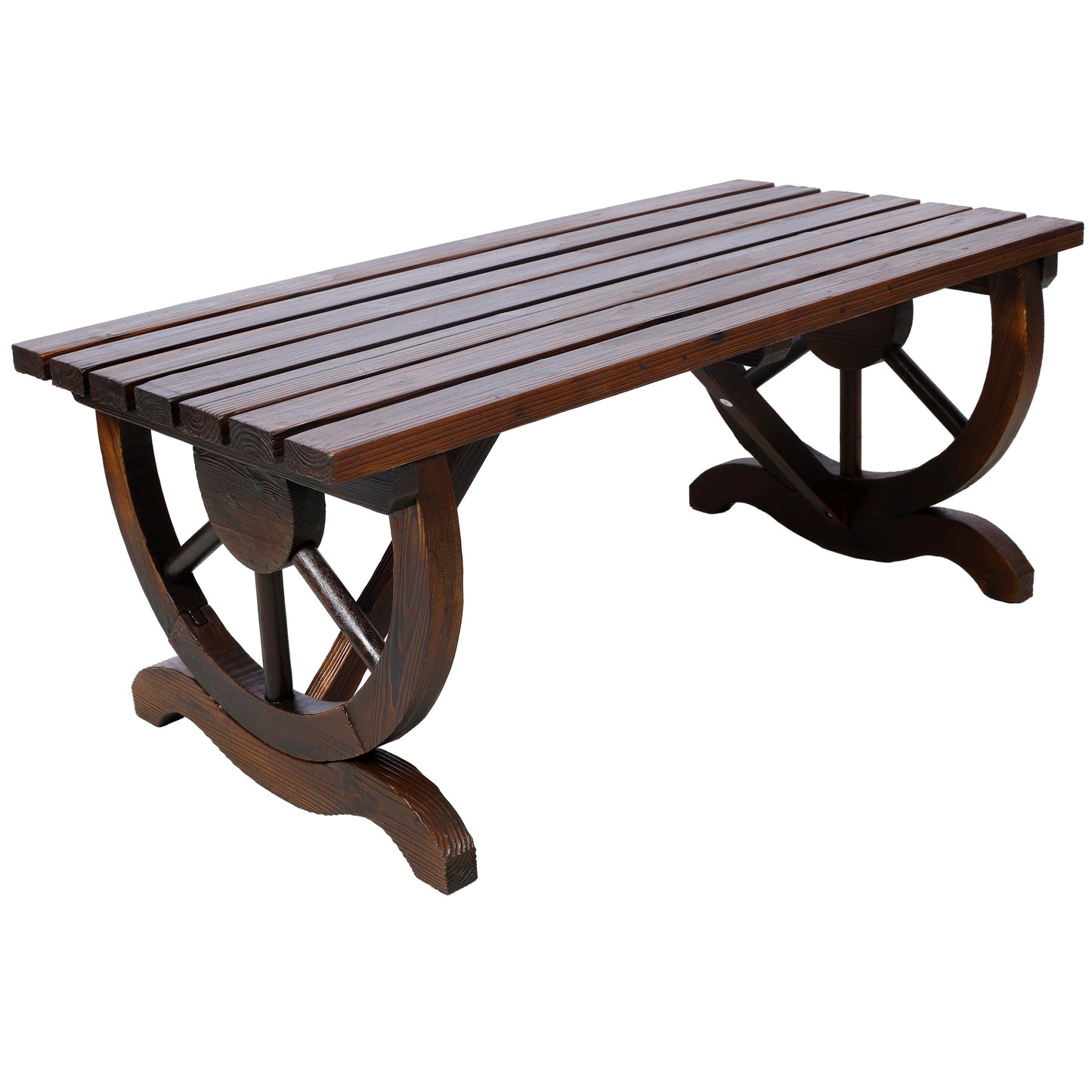 Outdoor rustic wooden bench with wagon wheel legs by HouseOfZazla, dark brown finish outdoor bench on Tampa Home & Garden Store
