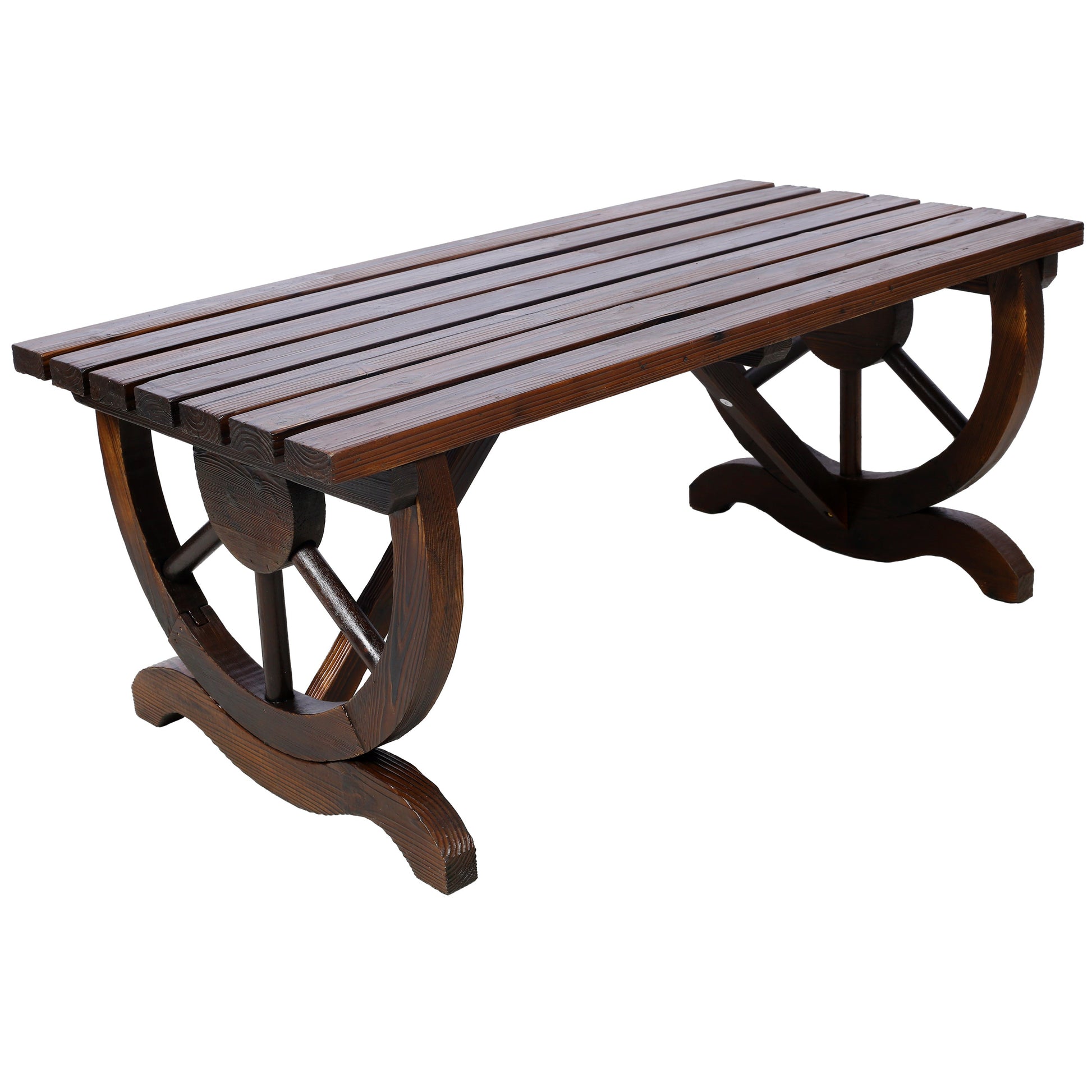 Outdoor rustic wooden bench with wagon wheel legs by HouseOfZazla, dark brown finish outdoor bench on Tampa Home & Garden Store