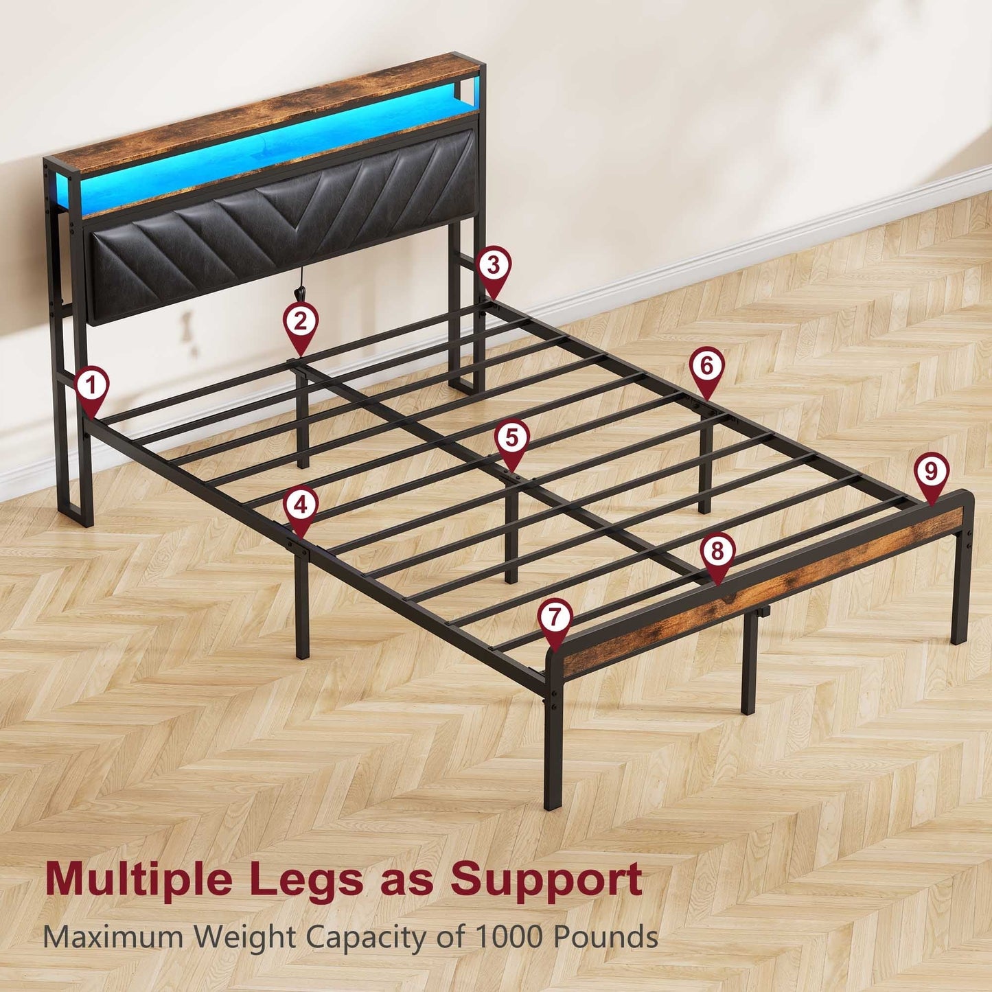 Full Size Metal Platform Bed Frame with Adjustable Upholstered Headboard in Black Tufted Fabric on Tampa Home & Garden Store