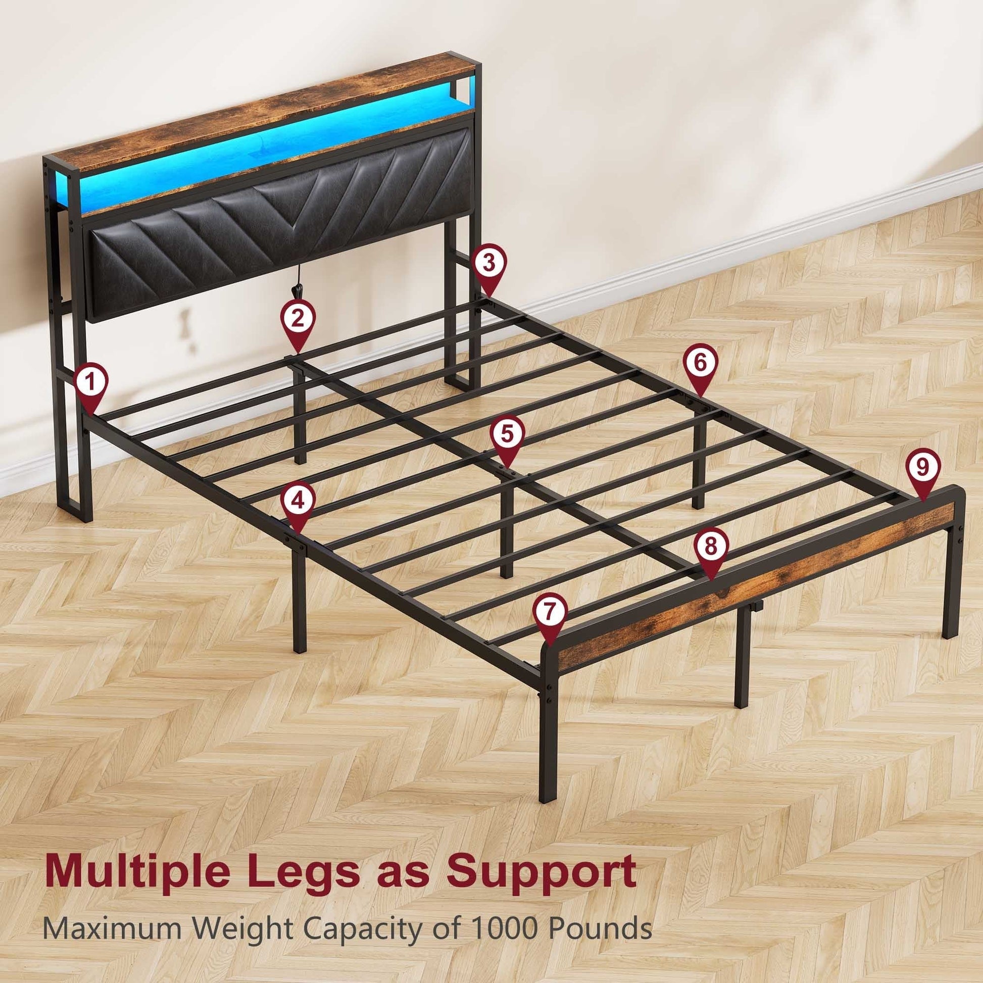 Full Size Metal Platform Bed Frame with Adjustable Upholstered Headboard in Black Tufted Fabric on Tampa Home & Garden Store