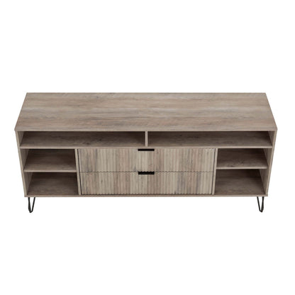 Fluted TV stand with storage and metal legs in light wood finish with open shelves on Tampa Home & Garden Store