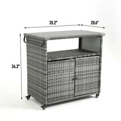 Outdoor wicker bar cart with glass top on wheels in light brown by HouseOfZazla on Tampa Home & Garden Store