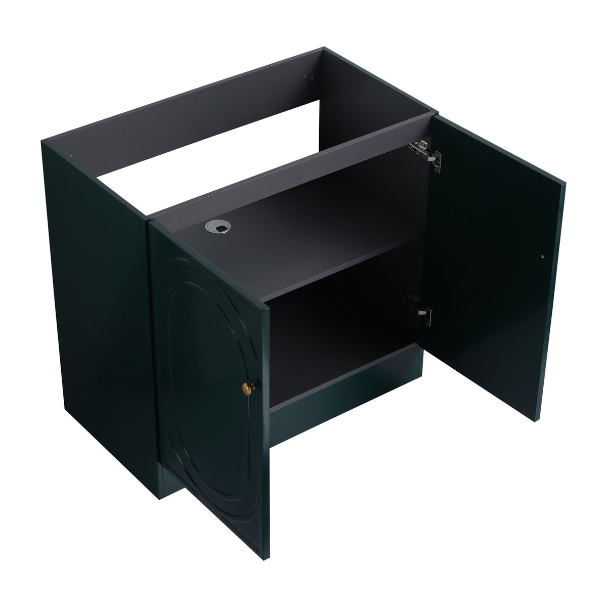HouseOfZazla freestanding bathroom vanity with soft-close, dark green cabinet and open doors on Tampa Home & Garden Store