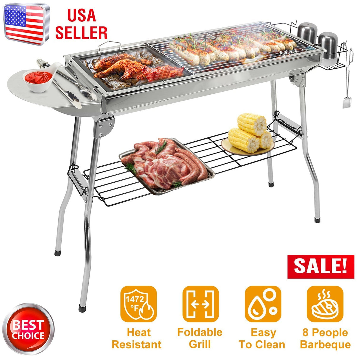 GemGear foldable stainless steel portable charcoal BBQ grill grills chicken and corn on Tampa Home & Garden Store